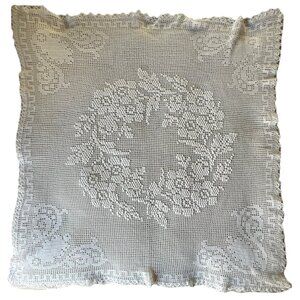 Handcrafted Crochet Tablecloth 36"x32" With Raised Wreath Design & Tatted Edges